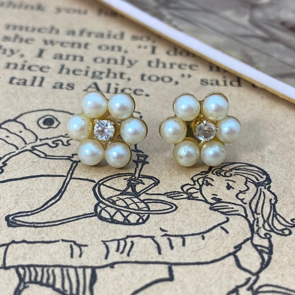 Vintage Faux Pearl & Rhinestone Flower Earrings - Picture 1 of 5